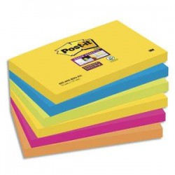 POST-IT Lot de 6 blocs Super Sticky Rio 90 feuilles 76x127 mm, jaune, bleu, vert, fuchsia, orange