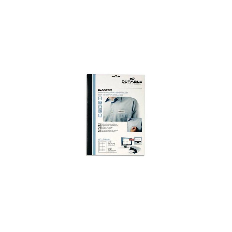 DURABLE Sachet de 20 Planches de Badges adhésifs en tissu imprimables, soit 240 badges L7,5 x P4 cm blanc DURABLE Sachet de 20 Planches de Badges adhésifs en tissu imprimables, soit 240 badges L7,5 x P4 cm blanc