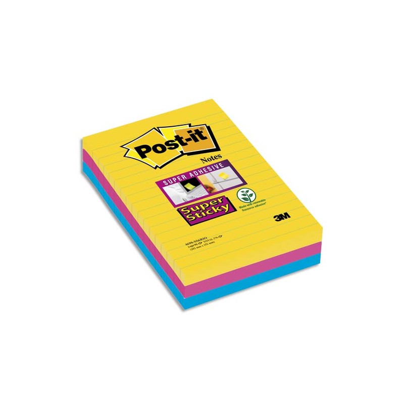 POST-IT Lot de 3 blocs 90 feuilles Super Sticky RIO lignées 101x152mm, jaune néon, fuchsia, méditerranée POST-IT Lot de 3 blocs 90 feuilles Super Sticky RIO lignées 101x152mm, jaune néon, fuchsia, méditerranée