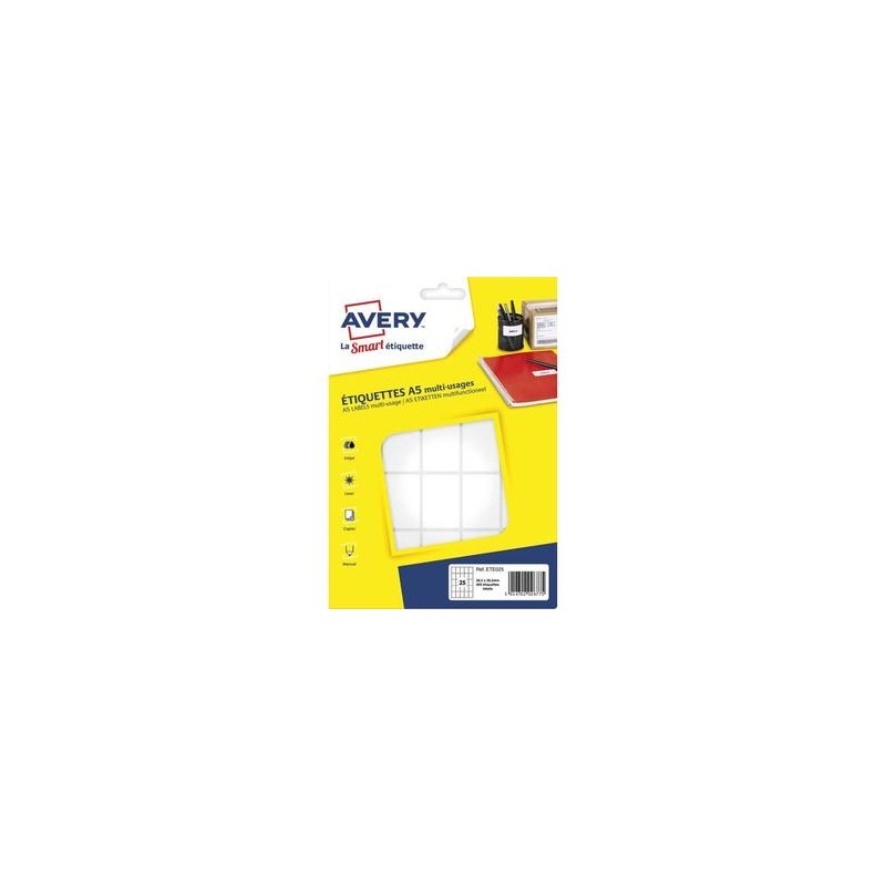 AVERY Sachet de 400 étiquettes multi-usage blanches 38,5 x 26,5 mm. Planche format A5. ETE025 AVERY Sachet de 400 étiquettes multi-usage blanches 38,5 x 26,5 mm. Planche format A5. ETE025