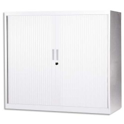 MT INTERNATIONAL Armoire basse métal monobloc Corps/Rideaux blanc 2 tablettes Dim. L120 x H105 x P43 cm