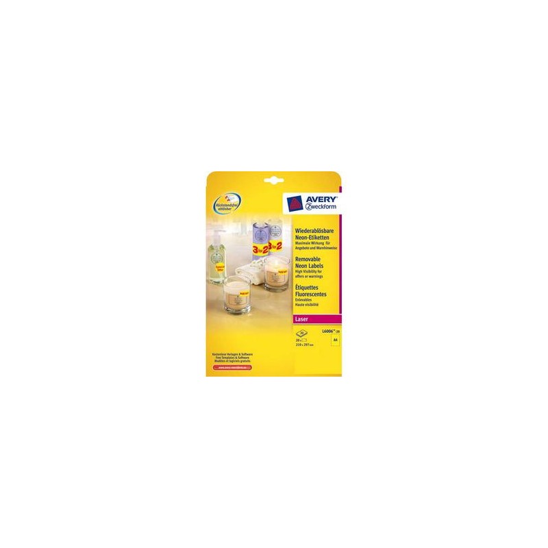 AVERY Boite de 20 etiquettes laser rectangulaires enlevables 21x29,7cm coloris jaune fluo L6006-20 AVERY Boite de 20 etiquettes laser rectangulaires enlevables 21x29,7cm coloris jaune fluo L6006-20