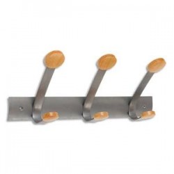 ALBA Bloc de 3 doubles patères et crochets en métal et bois jusqu'à 20 kg - Dim: L45 x H17,4 x P11 cm