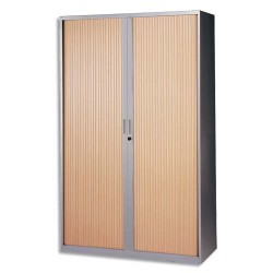 MT INTERNATIONAL Armoire haute métal monobloc Corps silver/Rideaux hêtre 4 tablettes - Dim. 120x198x43 cm