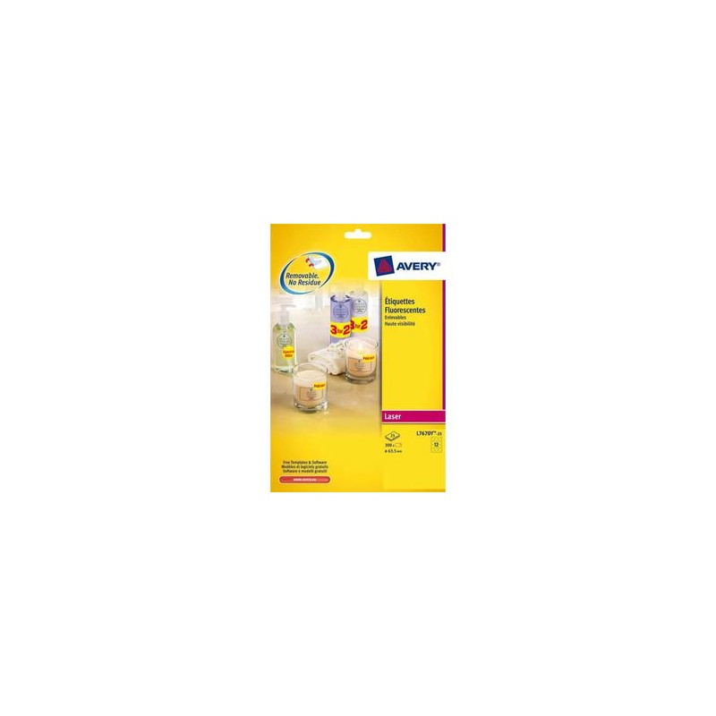 AVERY Boîte de 300 étiquettes laser jaune fluo diamètre 63.5 L7670Y-25 AVERY Boîte de 300 étiquettes laser jaune fluo diamètre 63.5 L7670Y-25