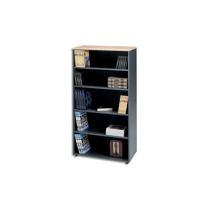 MT INTERNATIONAL Bibliothèque haute avec tab fixe+ 3 amovibles Syracuse hêtre antharcite L90x H180x P48cm