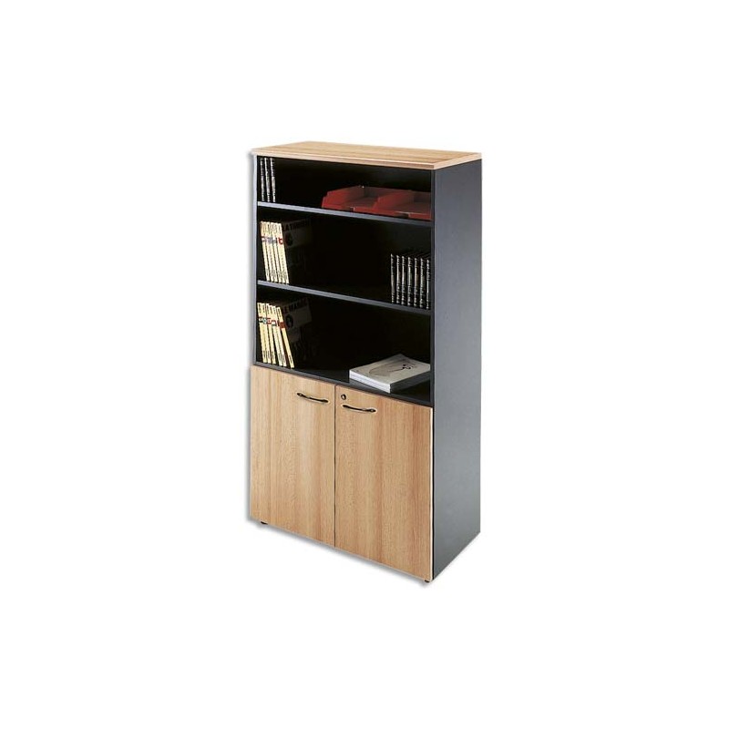MT INTERNATIONAL Bibliothèque haute demi-portes 1 tab. fixe+3 amovibles hêtre antharcite L90x H180x P48cm