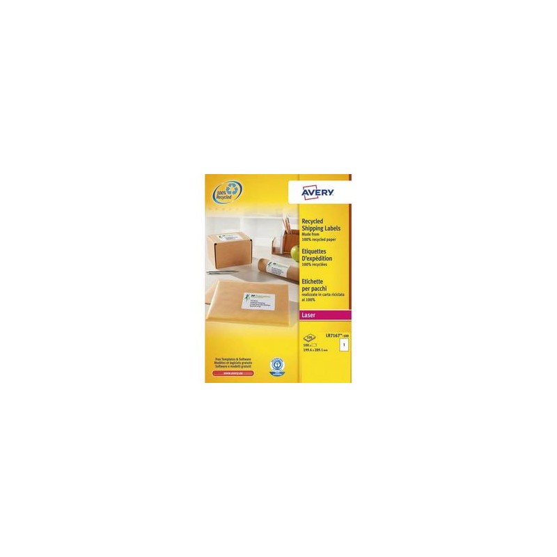 AVERY Boîte de 100 étiquettes adresse laser recyclées blanc 199,6 x 289,1 mm LR7167-100 AVERY Boîte de 100 étiquettes adresse laser recyclées blanc 199,6 x 289,1 mm LR7167-100