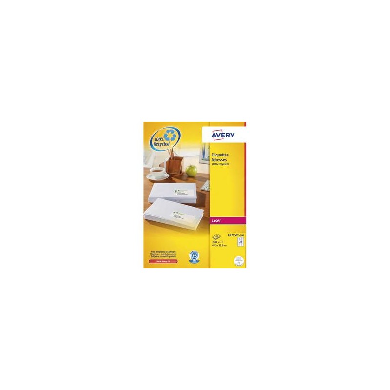 AVERY Boîte de 2400 étiquettes adresse laser recyclées blanc 63,5 x 33,9 mm LR7159-100 AVERY Boîte de 2400 étiquettes adresse laser recyclées blanc 63,5 x 33,9 mm LR7159-100