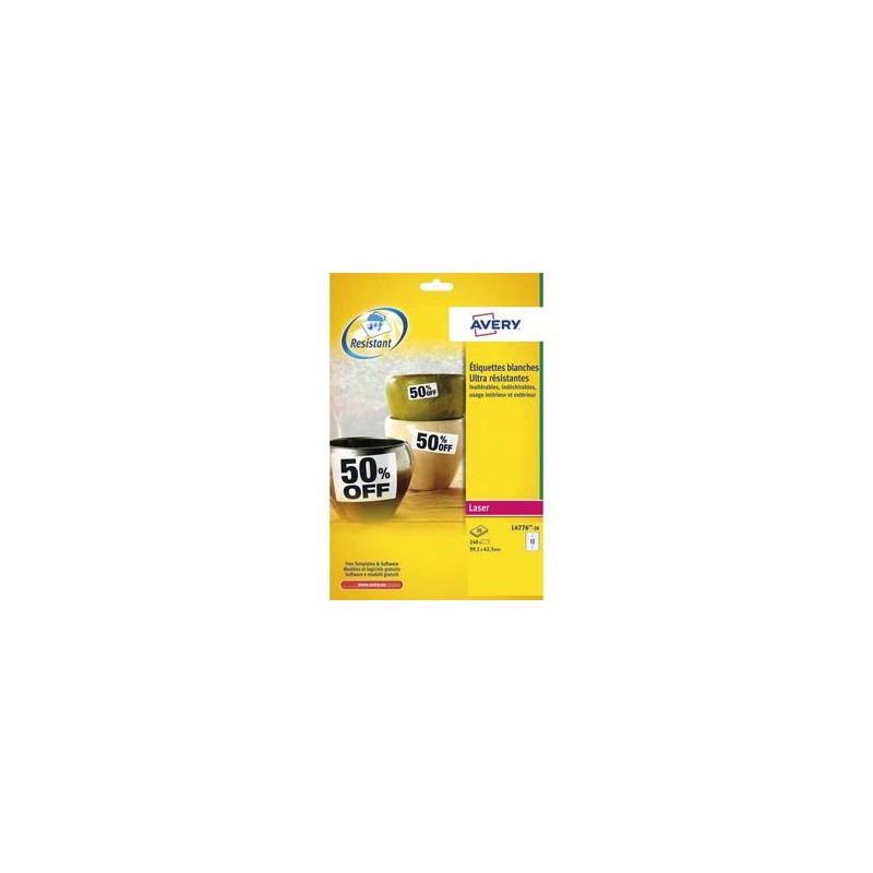 AVERY Boîte de 240 étiquettes laser inaltérables blanches 99,1 x 42,3 mm L4776-20 AVERY Boîte de 240 étiquettes laser inaltérables blanches 99,1 x 42,3 mm L4776-20