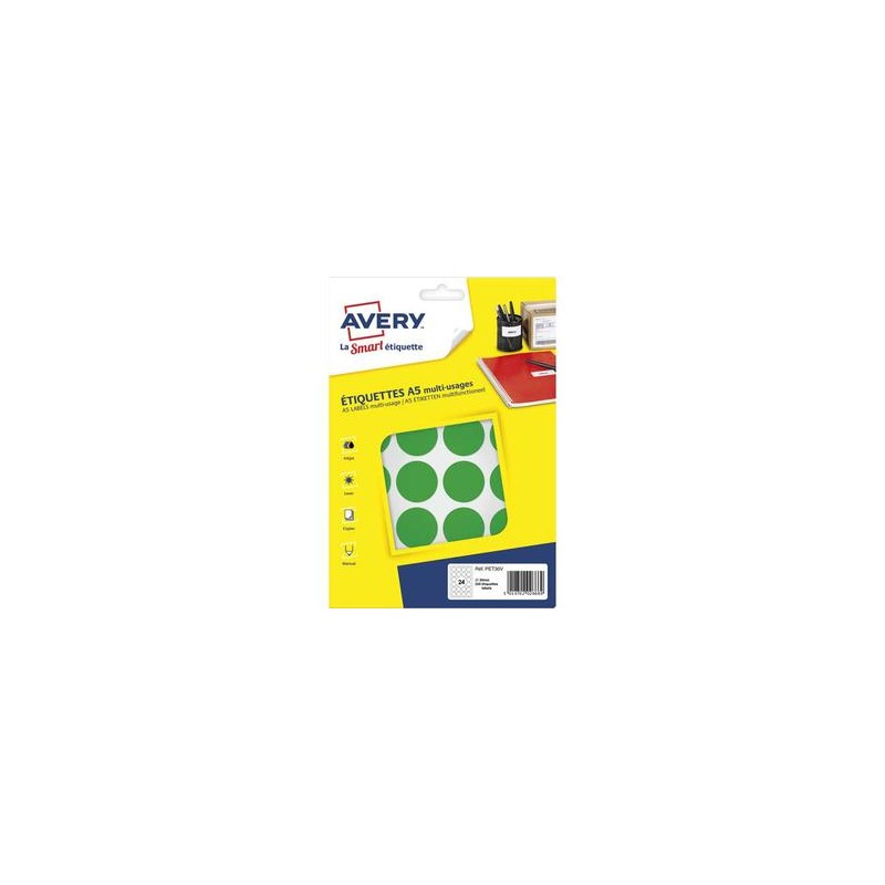 AVERY Sachet de 240 pastilles Ø30 mm. Imprimables. Coloris vert. AVERY Sachet de 240 pastilles Ø30 mm. Imprimables. Coloris vert.