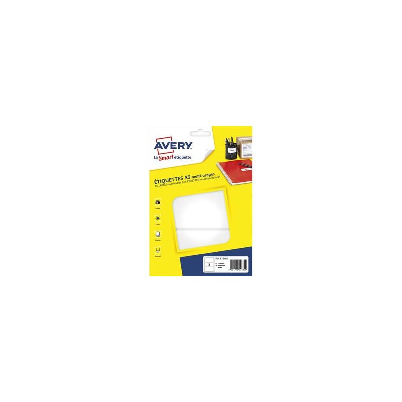 AVERY Sachet de 48 étiquettes multi-usage blanches 64 x 133 mm. Planche format A5. ETE003 AVERY Sachet de 48 étiquettes multi-usage blanches 64 x 133 mm. Planche format A5. ETE003