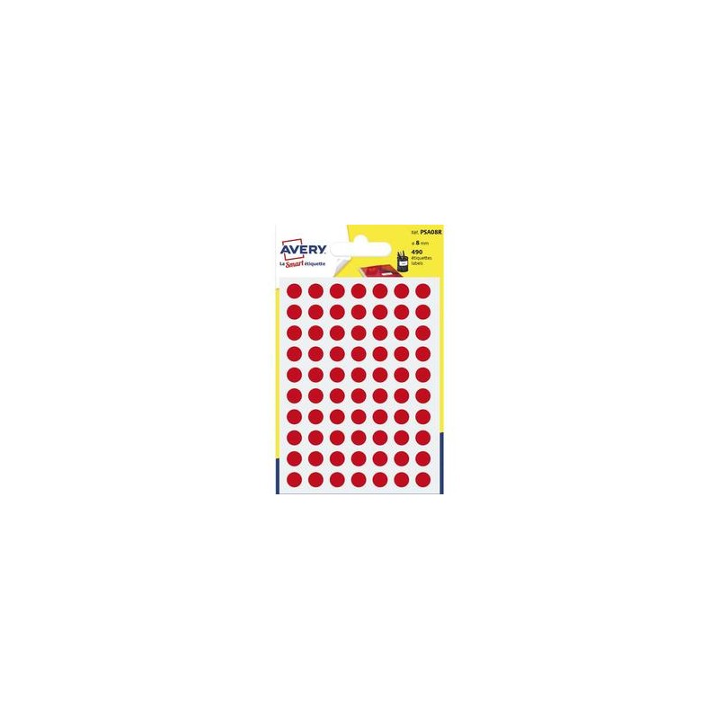 AVERY Sachet de 490 pastilles Ø8 mm. Ecriture manuelle. Coloris rouge. AVERY Sachet de 490 pastilles Ø8 mm. Ecriture manuelle. Coloris rouge.