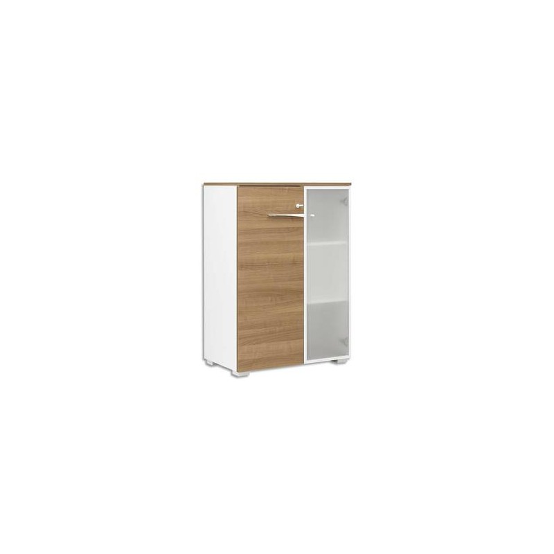 GAUTIER Rangement mi-hauteur 2 portes dont 1 porte vitrée Xenon - L80 x H114 x P45 cm merisier Italien