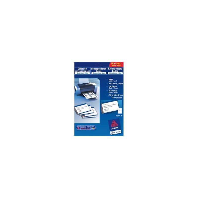 AVERY Pochette de 80 cartes de visite (85x54 mm) 260g coins droits jet d'encre finition mate AVERY Pochette de 80 cartes de visite (85x54 mm) 260g coins droits jet d'encre finition mate