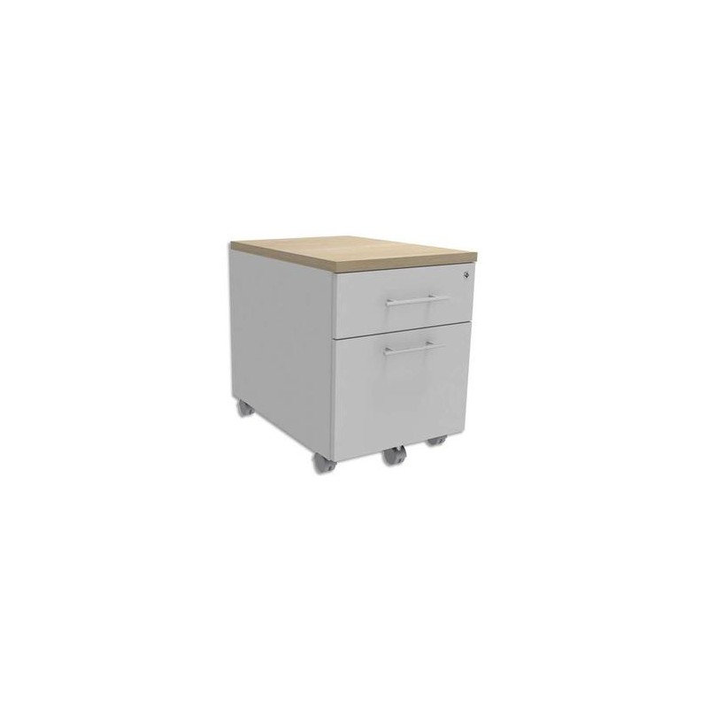 SIMMOB Caisson mobile 2 tiroirs blanc dessus Chêne clair + plumier, façade blanche INEO L42 x H56 x P50cm