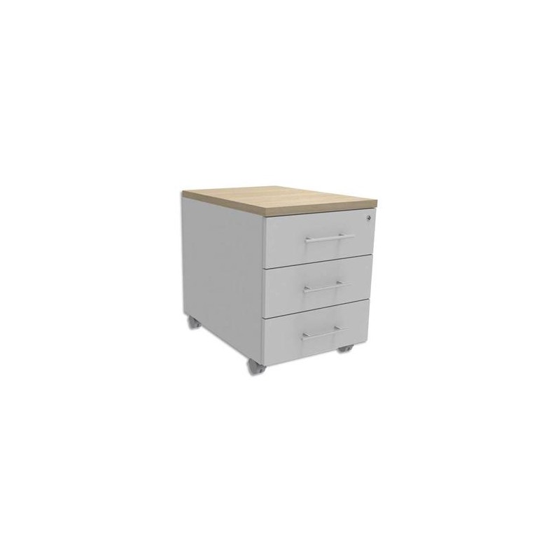SIMMOB Caisson mobile 3 tiroirs blanc dessus Chêne clair + plumier, façade blanche INEO L42 x H56 x P50cm SIMMOB Caisson mobile 3 tiroirs blanc dessus Chêne clair + plumier, façade blanche INEO L42 x H56 x P50cm