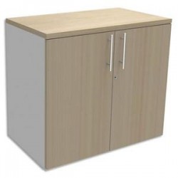 SIMMOB Armoire Basse Blanc perle 1 tablette, avec porte et top Chêne clair INEO - Dim L80 x H72 x P47 cm