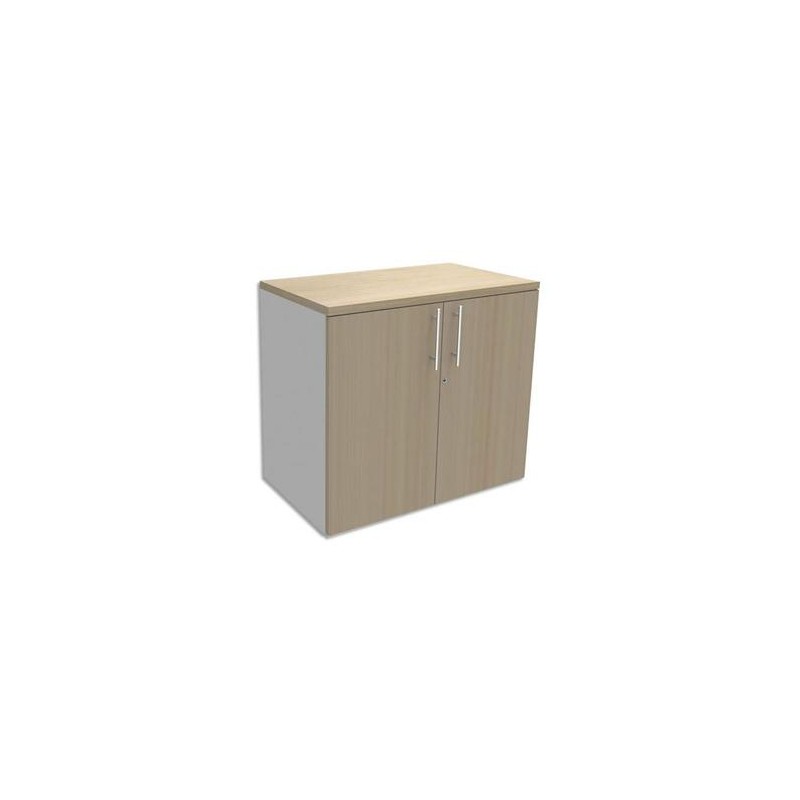 SIMMOB Armoire Basse Blanc perle 1 tablette, avec porte et top Chêne clair INEO - Dim L80 x H72 x P47 cm
