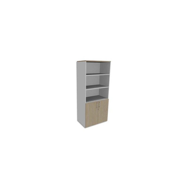 SIMMOB Bibliothèque Haute Blanc perle porte basse, top Chêne clair INEO - Dim : L80 x H180 x P47 cm