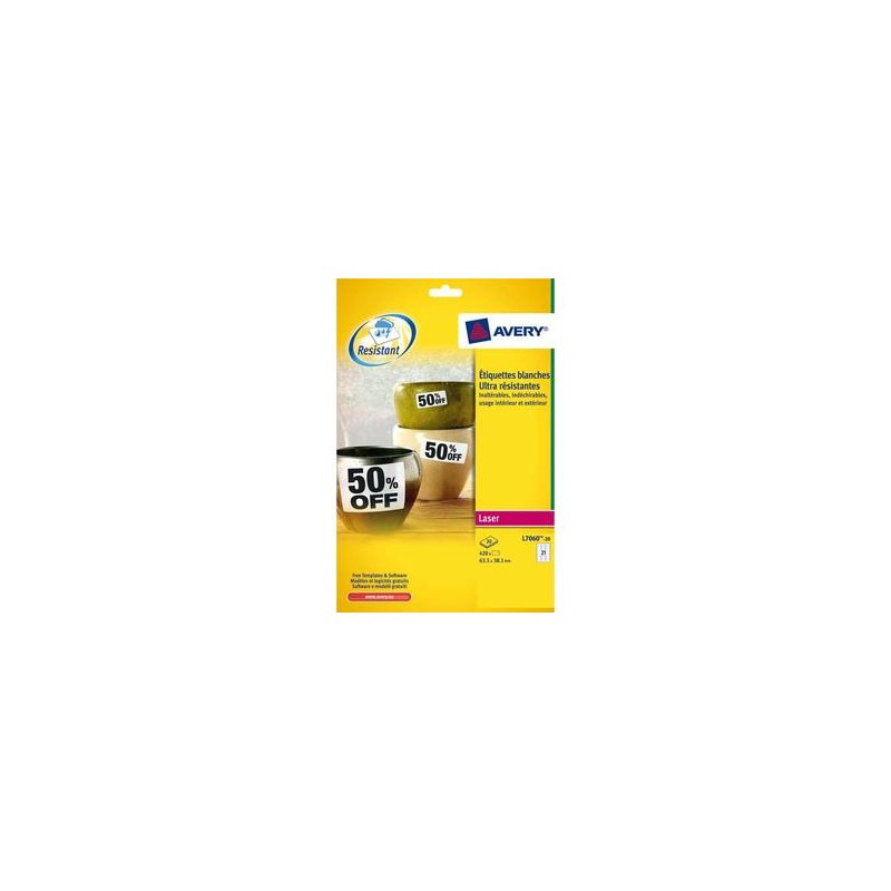 AVERY Boite de 420 etiquettes laser inalterables blanches 63,5x38,1 L7060-20 AVERY Boite de 420 etiquettes laser inalterables blanches 63,5x38,1 L7060-20