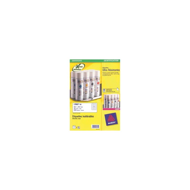 AVERY Boite de 280 etiquettes laser inalterables blanches 99,1x38,1 L7063-20 AVERY Boite de 280 etiquettes laser inalterables blanches 99,1x38,1 L7063-20