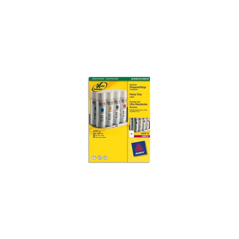 AVERY Boite de 20 etiquettes laser inalterables blanches 210x297 L4775-20 AVERY Boite de 20 etiquettes laser inalterables blanches 210x297 L4775-20