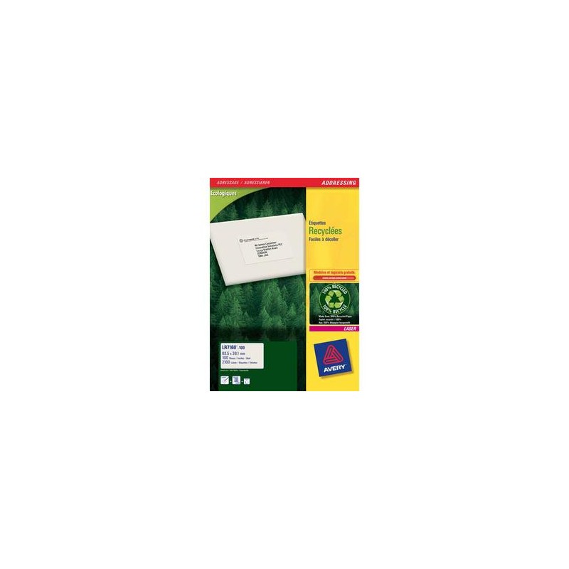 AVERY Boîte de 2100 étiquettes adresse laser recyclées blanc 63,5X38,1 LR7160-100 AVERY Boîte de 2100 étiquettes adresse laser recyclées blanc 63,5X38,1 LR7160-100