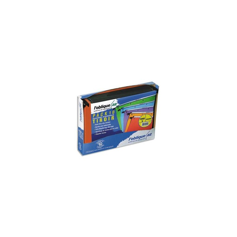 OBLIQUE AZ Paquet de 5+5 dossiers suspendus TIROIR en kraft 240g. Fond 15 et 30, bouton-pression. Orange OBLIQUE AZ Paquet de 5+5 dossiers suspendus TIROIR en kraft 240g. Fond 15 et 30, bouton-pression. Orange