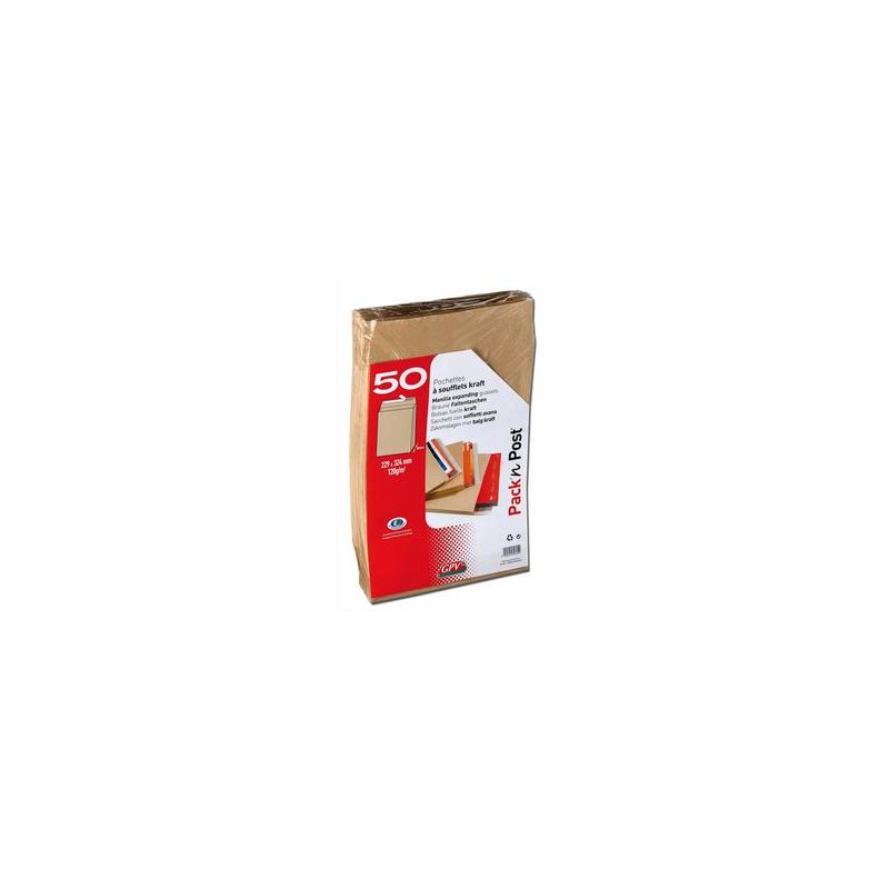 GPV paquet de 50 pochettes kraft brun auto-adhésif, format C4 229x324mm soufflet 30mm120g GPV paquet de 50 pochettes kraft brun auto-adhésif, format C4 229x324mm soufflet 30mm120g