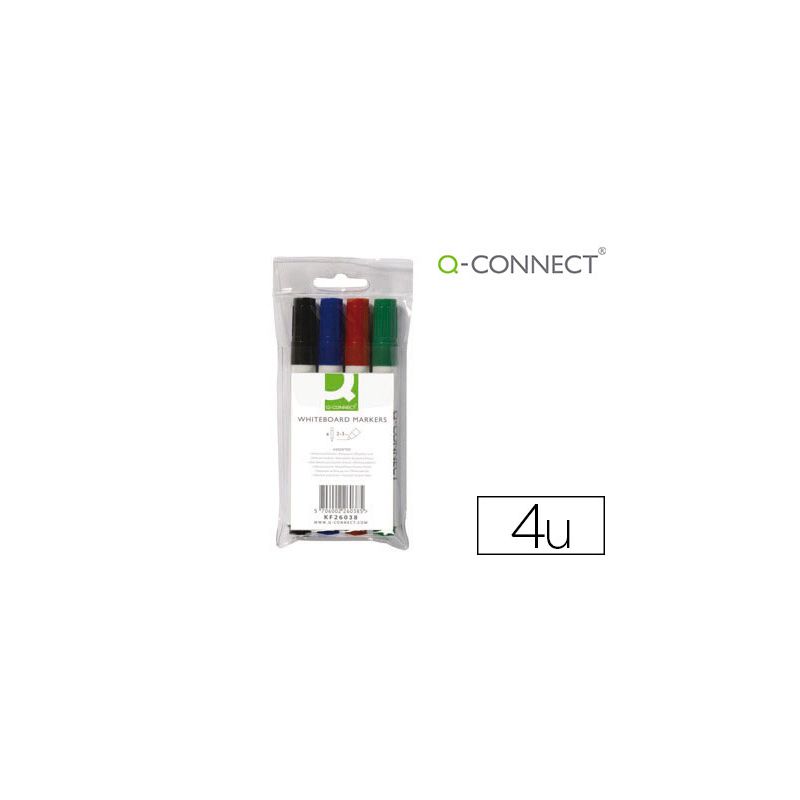 Marqueur q-connect tableau blanc pointe ogive tracé 3mm corps plastique encre base alcool pochette 4 unités assorties Marqueur q-connect tableau blanc pointe ogive tracé 3mm corps plastique encre base alcool pochette 4 unités assorties