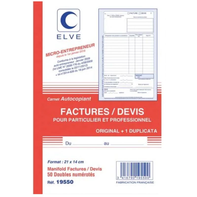 ELVE Manifold entrepreneur autocopiant factures / Devis format 210x140mm. 50 feuillets dupli ELVE Manifold entrepreneur autocopiant factures / Devis format 210x140mm. 50 feuillets dupli