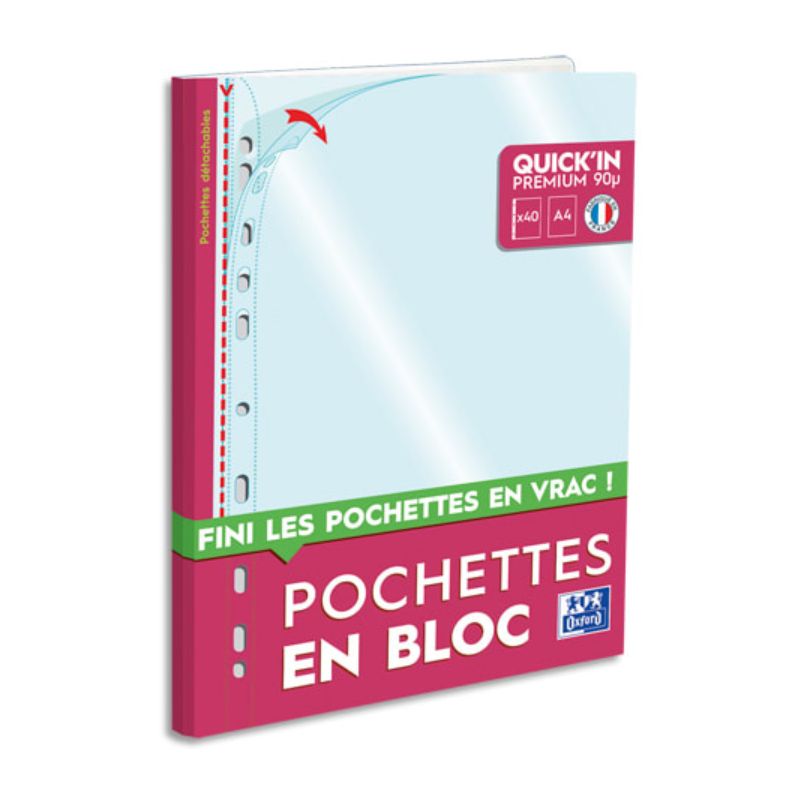 OXFORD Bloc de 40 pochettes perforées Quick' In A4 en polypropylène 9/100e lisse incolore OXFORD Bloc de 40 pochettes perforées Quick' In A4 en polypropylène 9/100e lisse incolore