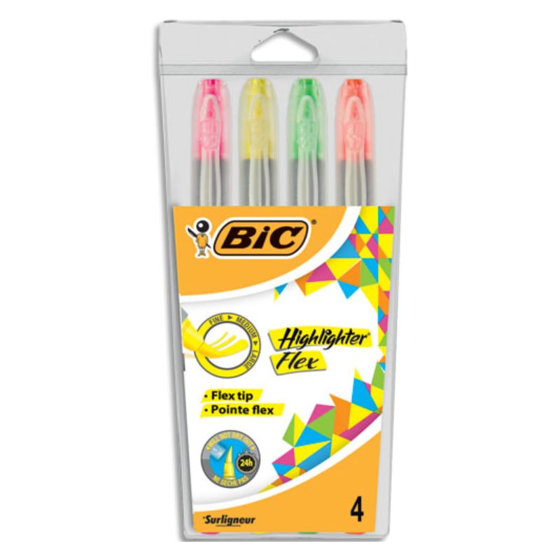 BIC Pochette de 4 surligneurs FLEX. Coloris : Jaune, Rose, Orange et Vert. BIC Pochette de 4 surligneurs FLEX. Coloris : Jaune, Rose, Orange et Vert.