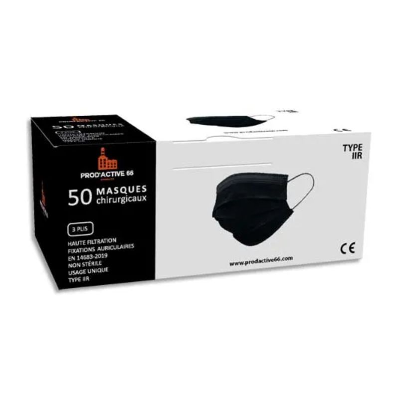  Boîte de 50 masques chirurgicaux jetables 3 plis type IIR. Fabriqué en France. Coloris noir