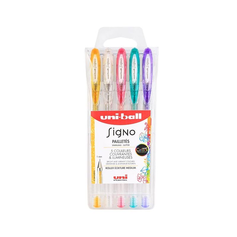 UNI-BALL Pochette de 5 stylos bille à encre gel Electrics Couleurs pailletées UNI-BALL Pochette de 5 stylos bille à encre gel Electrics Couleurs pailletées
