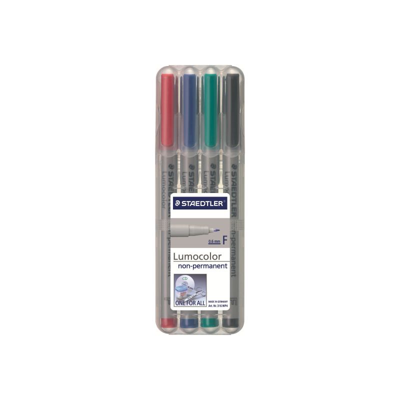 STAEDTLER LUMOCOLOR Pochette de 4 feutres pointe fine encre soluble coloris assortis STAEDTLER LUMOCOLOR Pochette de 4 feutres pointe fine encre soluble coloris assortis