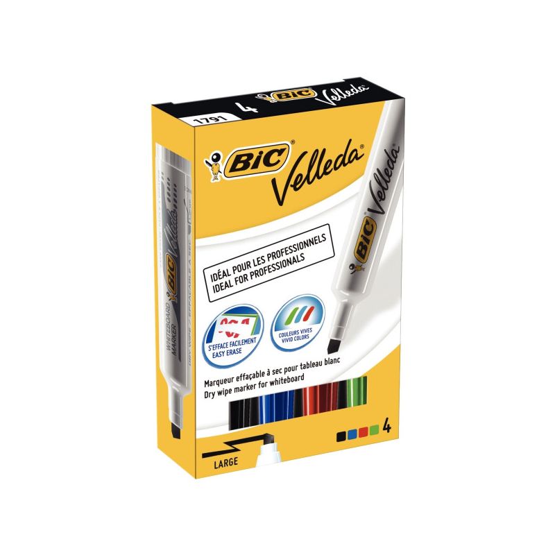 BIC VELLEDA 1781 Pochette de 4 marqueurs effaçables à sec Pointe biseau Coloris Assortis BIC VELLEDA 1781 Pochette de 4 marqueurs effaçables à sec Pointe biseau Coloris Assortis
