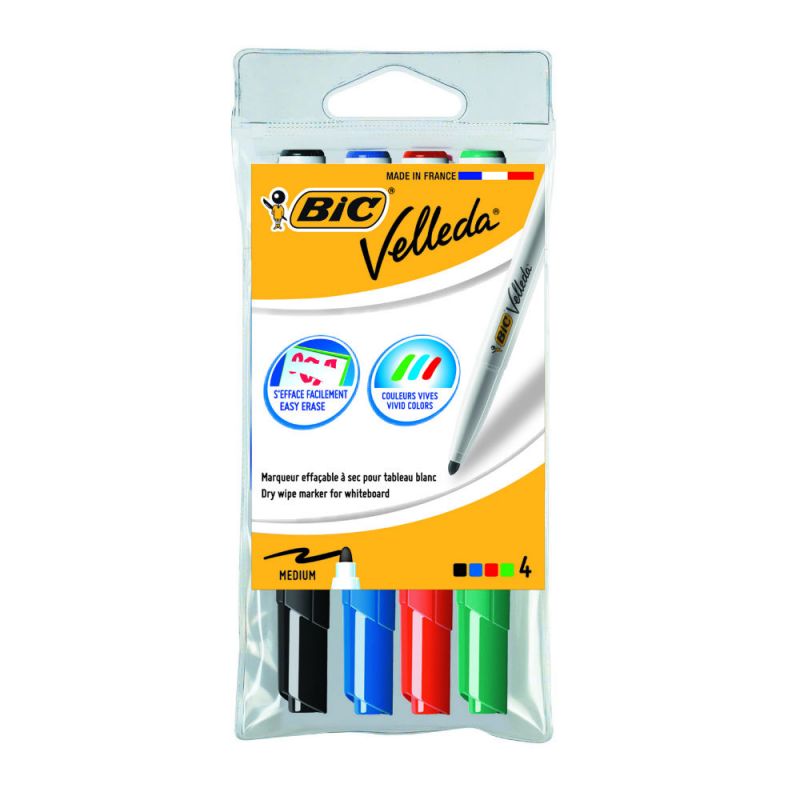 BIC VELLEDA 1741 Pochette de 4 Feutres effaçables à sec pointe ogive encre cétone Coloris Assortis BIC VELLEDA 1741 Pochette de 4 Feutres effaçables à sec pointe ogive encre cétone Coloris Assortis