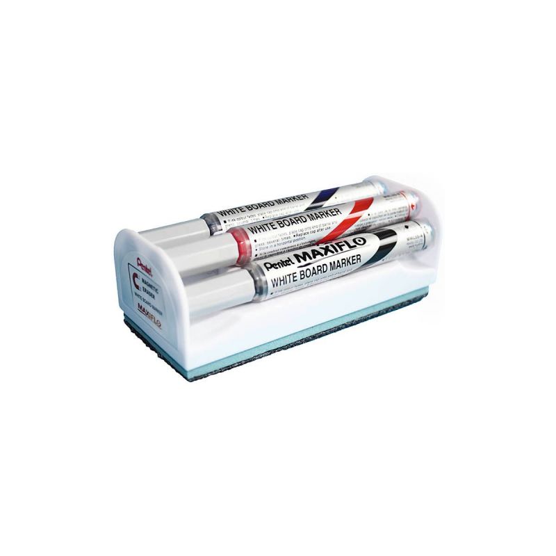 PENTEL MAXIFLO Brosse magnétique équipée de 4 marqueurs pour tableau Blanc assortis pointe conique moyenne PENTEL MAXIFLO Brosse magnétique équipée de 4 marqueurs pour tableau Blanc assortis pointe conique moyenne