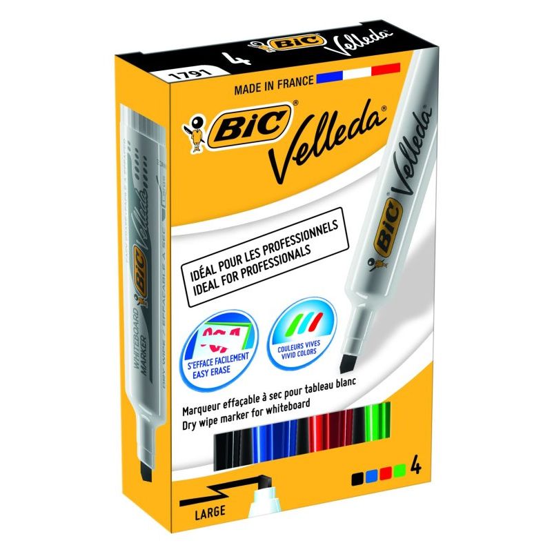 BIC VELLEDA 1791 pochette de 4 Marqueurs effaçables à sec pour tableaux Blancs pointe biseau encre cétone BIC VELLEDA 1791 pochette de 4 Marqueurs effaçables à sec pour tableaux Blancs pointe biseau encre cétone