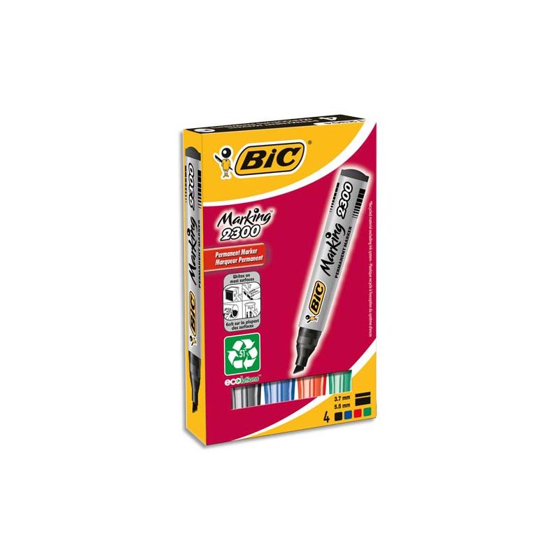 BIC MARKING 2300 Pochette de 4 marqueurs permanents pointe biseautée coloris assortis BIC MARKING 2300 Pochette de 4 marqueurs permanents pointe biseautée coloris assortis