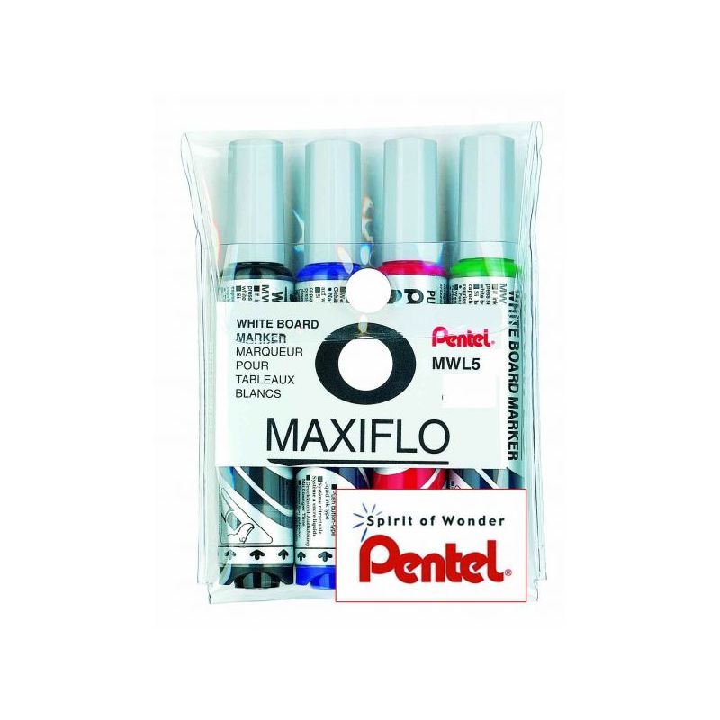 PENTEL MAXIFLO Pochette de 4 marqueurs effaçables à sec pointe ogive large encre liquide PENTEL MAXIFLO Pochette de 4 marqueurs effaçables à sec pointe ogive large encre liquide