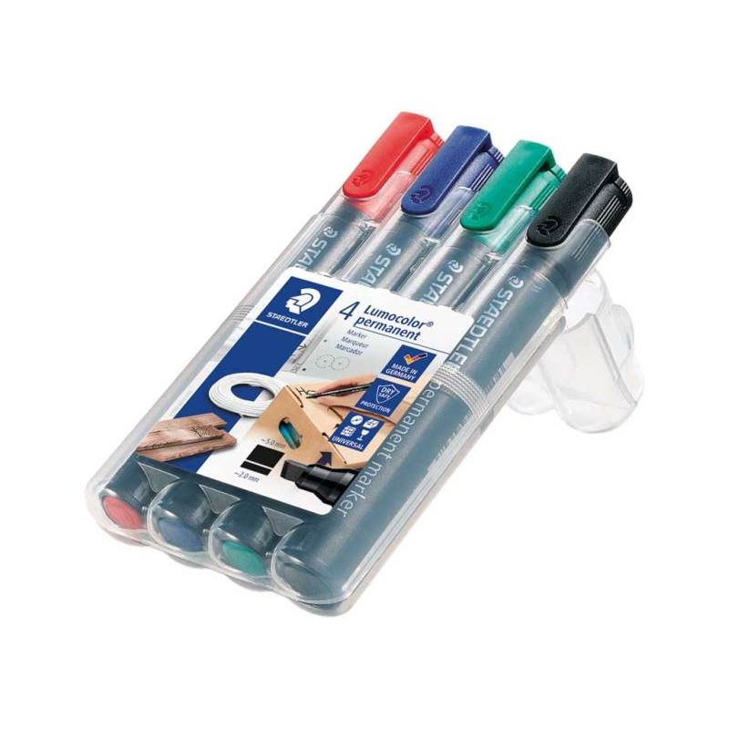 STAEDTLER Boîte de 4 marqueurs permanents assortis pointe biseautée STAEDTLER Boîte de 4 marqueurs permanents assortis pointe biseautée