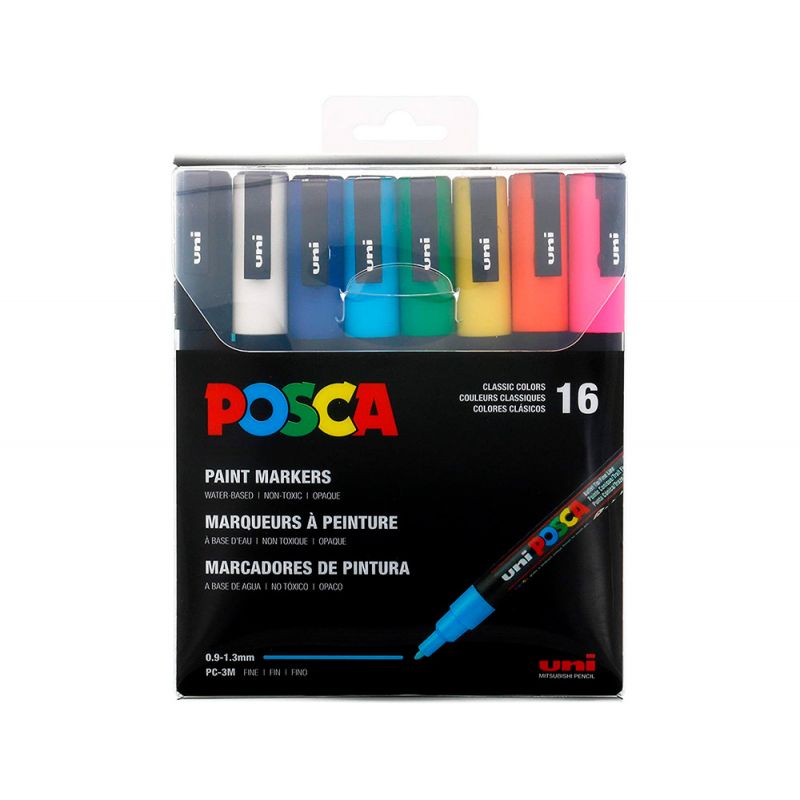 UNI POSCA Pochette 16 marqueurs peinture à eau pointe fine encre assortie UNI POSCA Pochette 16 marqueurs peinture à eau pointe fine encre assortie
