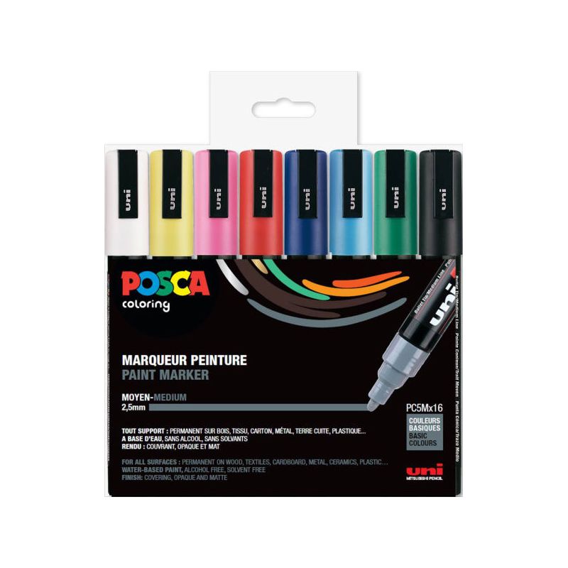 UNI POSCA Pochette 16 marqueurs peinture à eau pointe moyenne encre assortie