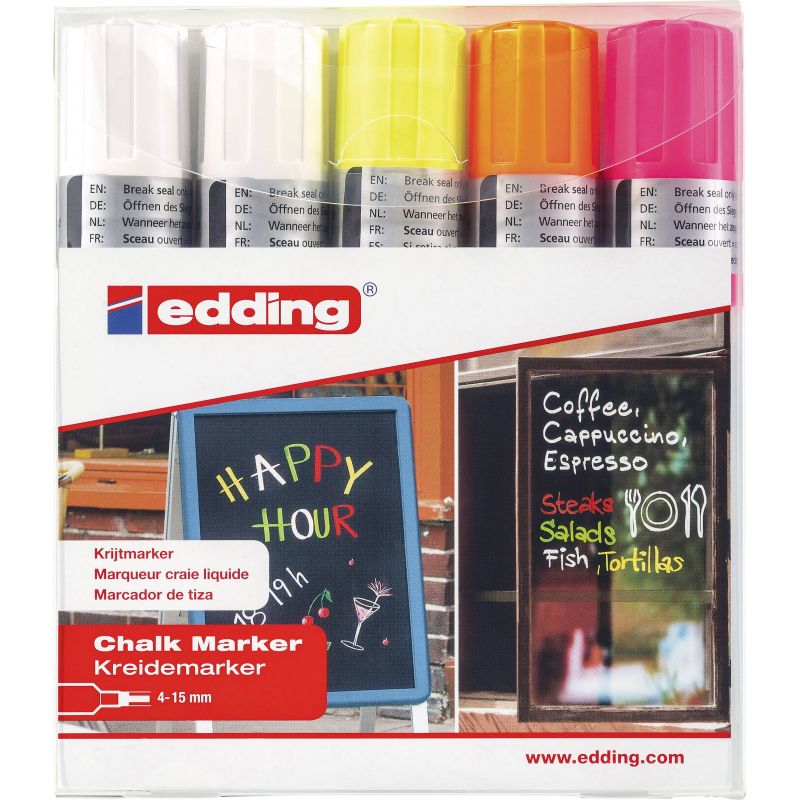 EDDING 4095 pochette de 5 Marqueurs craie liquide pointe biseautée Encre assorties EDDING 4095 pochette de 5 Marqueurs craie liquide pointe biseautée Encre assorties