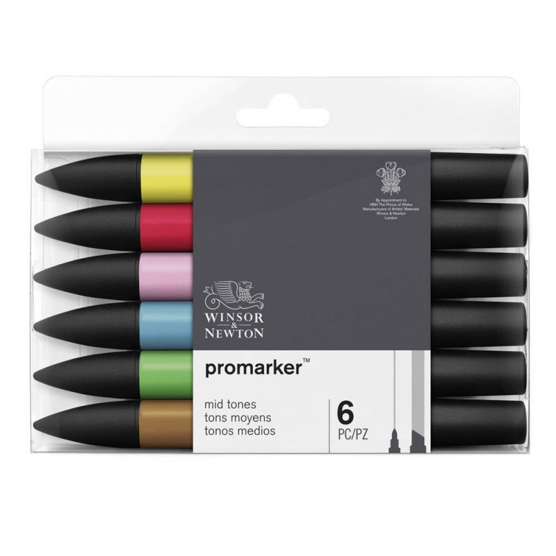WINSOR & NEWTON Set 6 marqueurs double pointe PROMARKER Tons moyens WINSOR & NEWTON Set 6 marqueurs double pointe PROMARKER Tons moyens