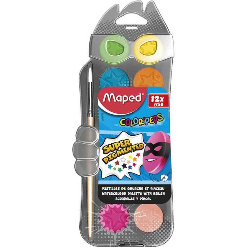 MAPED Boîte de 12 pastilles 30mm de gouache COLOR'PEPS + pinceau