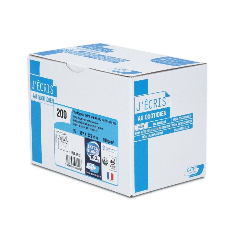 GPV Boîte de 200 enveloppes DL 110x220mm fenêtre 45x100mm 100g Blanches auto-adhésives GPV Boîte de 200 enveloppes DL 110x220mm fenêtre 45x100mm 100g Blanches auto-adhésives